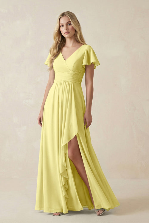 V - Neck Flutter Sleeve A - Line Chiffon Bridesmaid Dress in Buttercup - SHE IS ME Bridesmaid Dresses