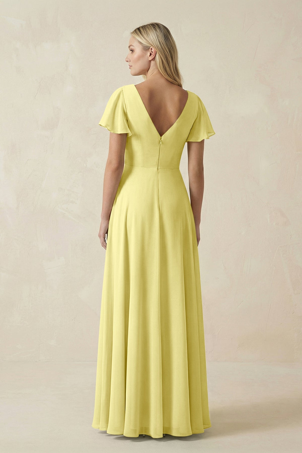 V - Neck Flutter Sleeve A - Line Chiffon Bridesmaid Dress in Buttercup - SHE IS ME Bridesmaid Dresses