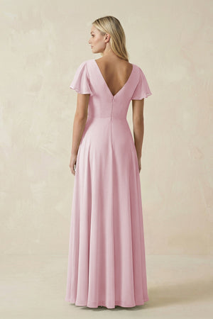 V - Neck Flutter Sleeve A - Line Chiffon Bridesmaid Dress in Candy Pink - SHE IS ME Bridesmaid Dresses