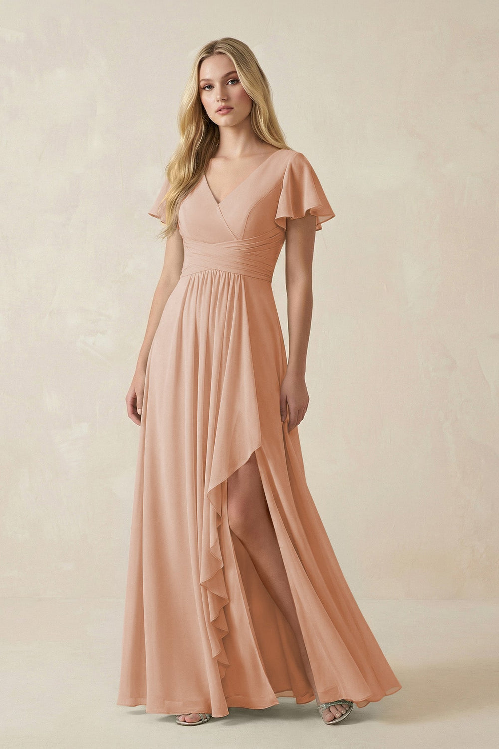 V - Neck Flutter Sleeve A - Line Chiffon Bridesmaid Dress in Champagne Rose - SHE IS ME Bridesmaid Dresses