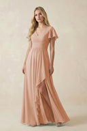 V - Neck Flutter Sleeve A - Line Chiffon Bridesmaid Dress in Champagne Rose - SHE IS ME Bridesmaid Dresses