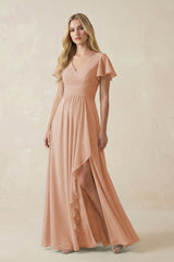 V - Neck Flutter Sleeve A - Line Chiffon Bridesmaid Dress in Champagne Rose - KISS BRIDAL Bridesmaid Dresses