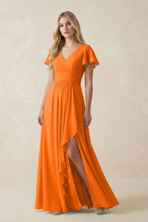 V - Neck Flutter Sleeve A - Line Chiffon Bridesmaid Dress in Cinnamon - SHE IS ME Bridesmaid Dresses
