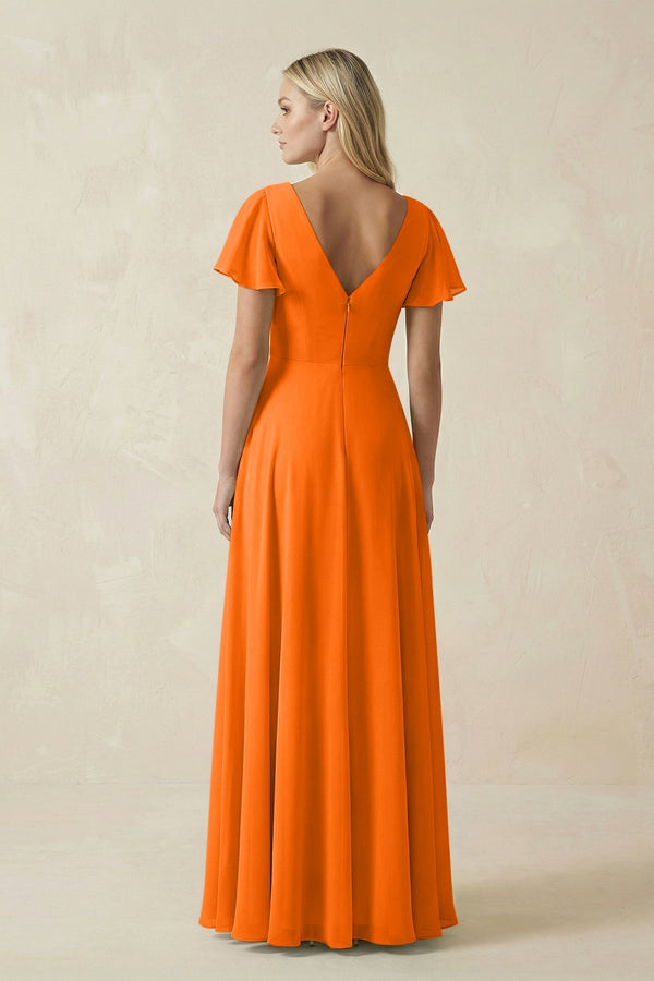 V - Neck Flutter Sleeve A - Line Chiffon Bridesmaid Dress in Cinnamon - SHE IS ME Bridesmaid Dresses