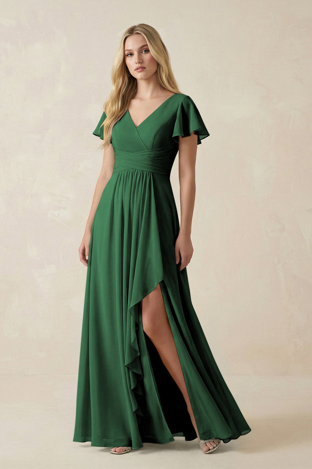 V - Neck Flutter Sleeve A - Line Chiffon Bridesmaid Dress in Dark Green - SHE IS ME Bridesmaid Dresses