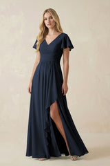 V - Neck Flutter Sleeve A - Line Chiffon Bridesmaid Dress in Dark Navy - KISS BRIDAL Bridesmaid Dresses