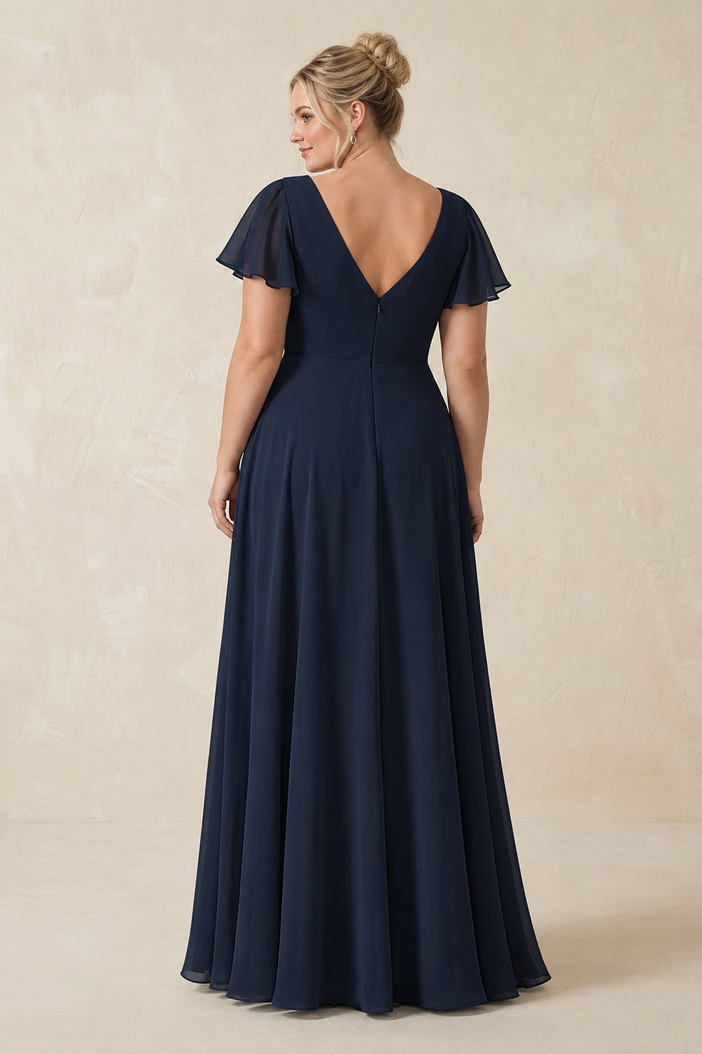 V-Neck Flutter Sleeve A-Line Chiffon Bridesmaid Dress in Dark Navy