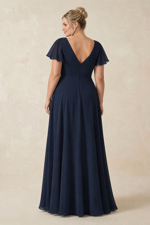 V-Neck Flutter Sleeve A-Line Chiffon Bridesmaid Dress in Dark Navy [sizeplus] | KISSBRIDAL