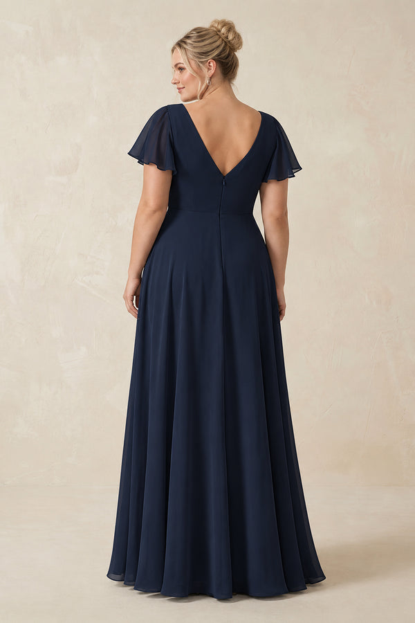 V-Neck Flutter Sleeve A-Line Chiffon Bridesmaid Dress in Dark Navy [sizeplus] | KISSBRIDAL