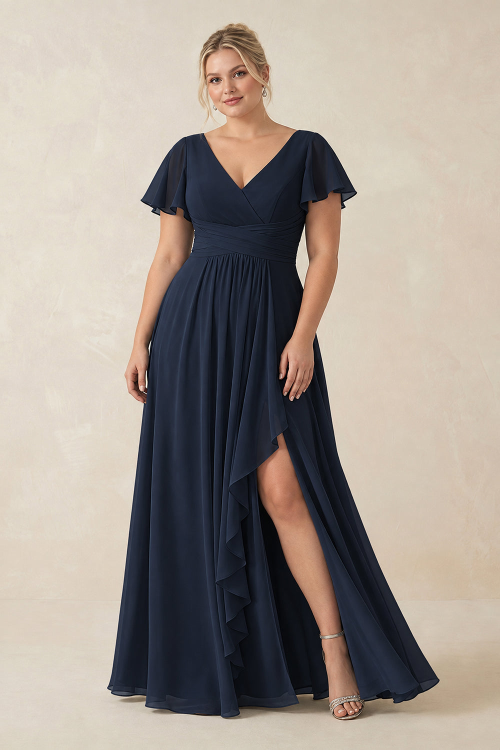 V-Neck Flutter Sleeve A-Line Chiffon Bridesmaid Dress in Dark Navy
