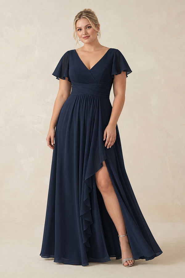 V-Neck Flutter Sleeve A-Line Chiffon Bridesmaid Dress in Dark Navy [sizeplus] | KISSBRIDAL