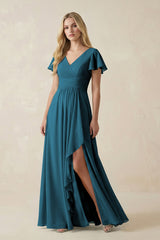 V - Neck Flutter Sleeve A - Line Chiffon Bridesmaid Dress in Dark Teal - KISS BRIDAL Bridesmaid Dresses