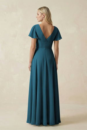 V - Neck Flutter Sleeve A - Line Chiffon Bridesmaid Dress in Dark Teal - SHE IS ME Bridesmaid Dresses