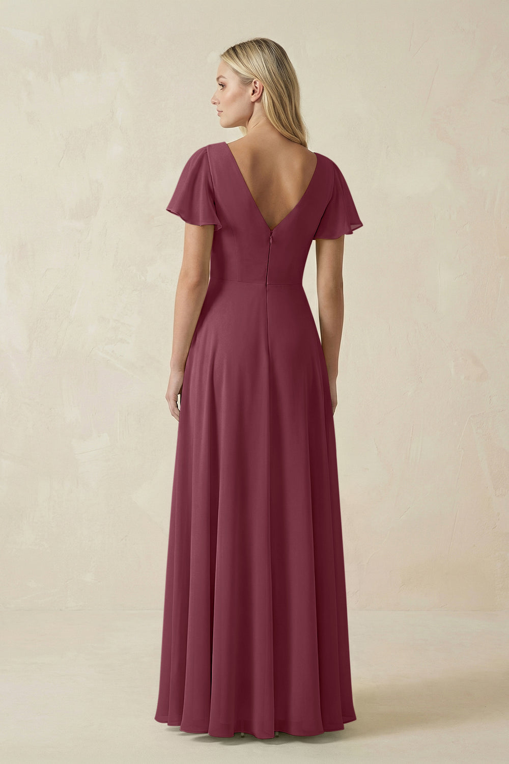 V-Neck Flutter Sleeve A-Line Chiffon Bridesmaid Dress in Desert Rose