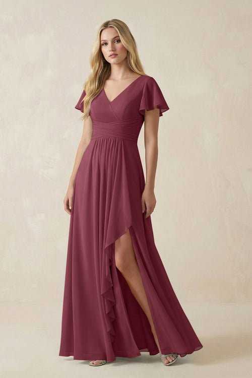 V-Neck Flutter Sleeve A-Line Chiffon Bridesmaid Dress in Desert Rose | KISSBRIDAL