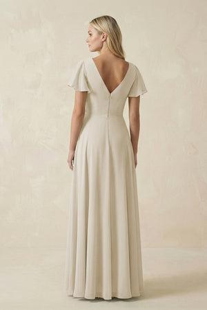V - Neck Flutter Sleeve A - Line Chiffon Bridesmaid Dress in Dove Gray - SHE IS ME Bridesmaid Dresses