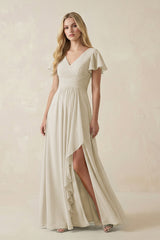 V - Neck Flutter Sleeve A - Line Chiffon Bridesmaid Dress in Dove Gray - KISS BRIDAL Bridesmaid Dresses