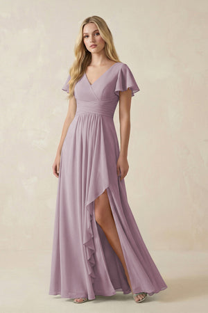 V - Neck Flutter Sleeve A - Line Chiffon Bridesmaid Dress in Dusk - SHE IS ME Bridesmaid Dresses