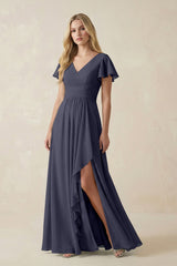V - Neck Flutter Sleeve A - Line Chiffon Bridesmaid Dress in Dusk Blue - KISS BRIDAL Bridesmaid Dresses
