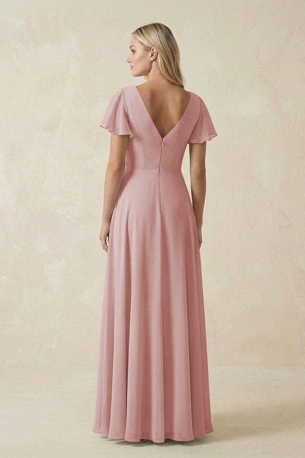 V - Neck Flutter Sleeve A - Line Chiffon Bridesmaid Dress in Dusty Rose - SHE IS ME Bridesmaid Dresses