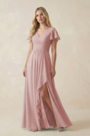 V - Neck Flutter Sleeve A - Line Chiffon Bridesmaid Dress in Dusty Rose - SHE IS ME Bridesmaid Dresses