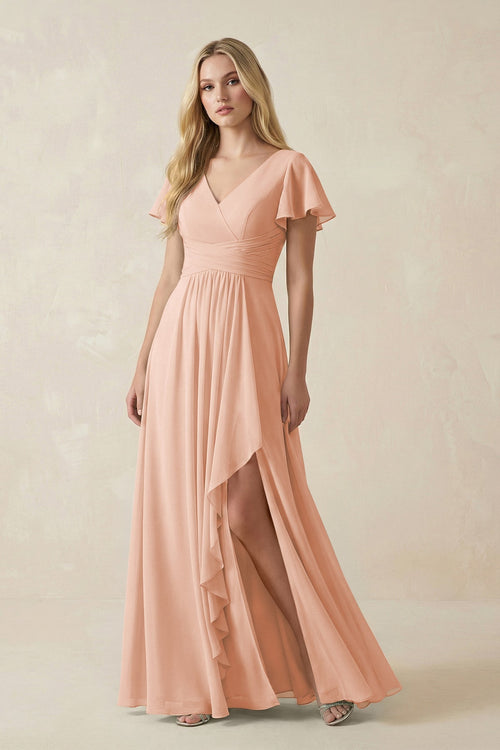 V - Neck Flutter Sleeve A - Line Chiffon Bridesmaid Dress in English Rose - SHE IS ME Bridesmaid Dresses