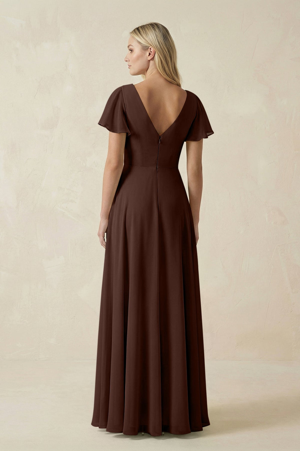V - Neck Flutter Sleeve A - Line Chiffon Bridesmaid Dress in Espresso - SHE IS ME Bridesmaid Dresses
