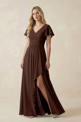 V - Neck Flutter Sleeve A - Line Chiffon Bridesmaid Dress in Espresso - KISS BRIDAL Bridesmaid Dresses