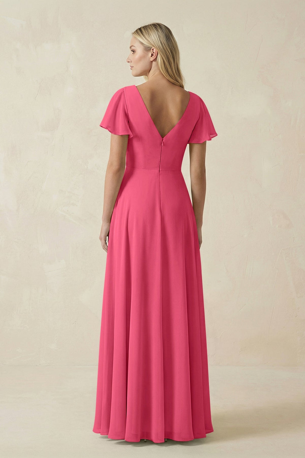 V - Neck Flutter Sleeve A - Line Chiffon Bridesmaid Dress in Fuchsia - SHE IS ME Bridesmaid Dresses