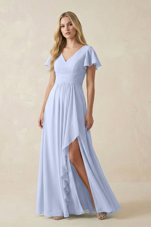 V - Neck Flutter Sleeve A - Line Chiffon Bridesmaid Dress in Ice - SHE IS ME Bridesmaid Dresses
