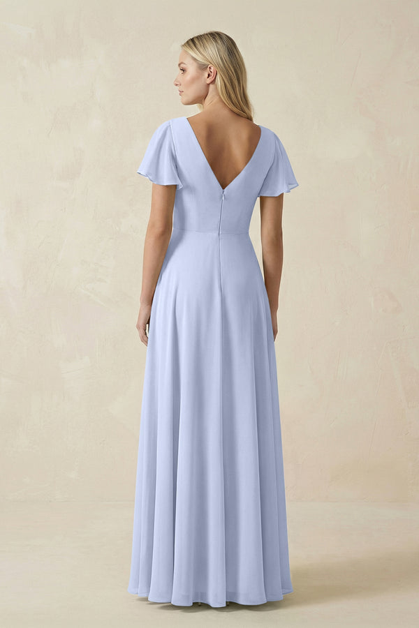 V - Neck Flutter Sleeve A - Line Chiffon Bridesmaid Dress in Ice - SHE IS ME Bridesmaid Dresses