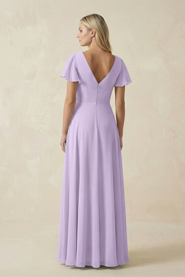 V - Neck Flutter Sleeve A - Line Chiffon Bridesmaid Dress in Lavender - SHE IS ME Bridesmaid Dresses