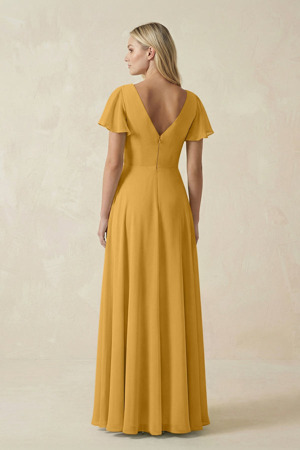 V - Neck Flutter Sleeve A - Line Chiffon Bridesmaid Dress in Marigold - SHE IS ME Bridesmaid Dresses