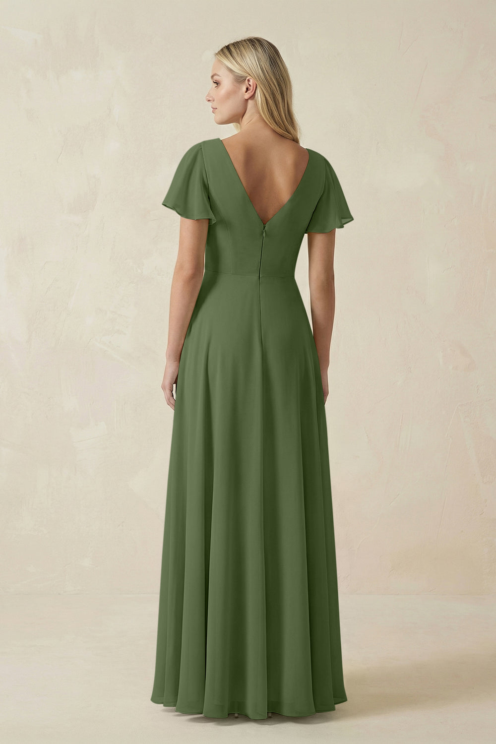 V-Neck Flutter Sleeve A-Line Chiffon Bridesmaid Dress in Moss