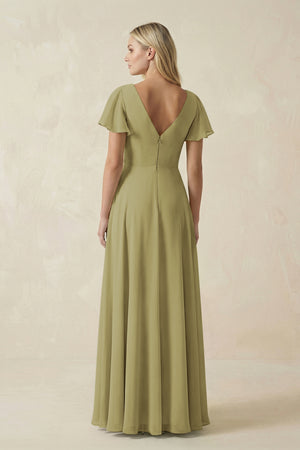V-Neck Flutter Sleeve A-Line Chiffon Bridesmaid Dress in Moss Green (2) | KISSBRIDAL