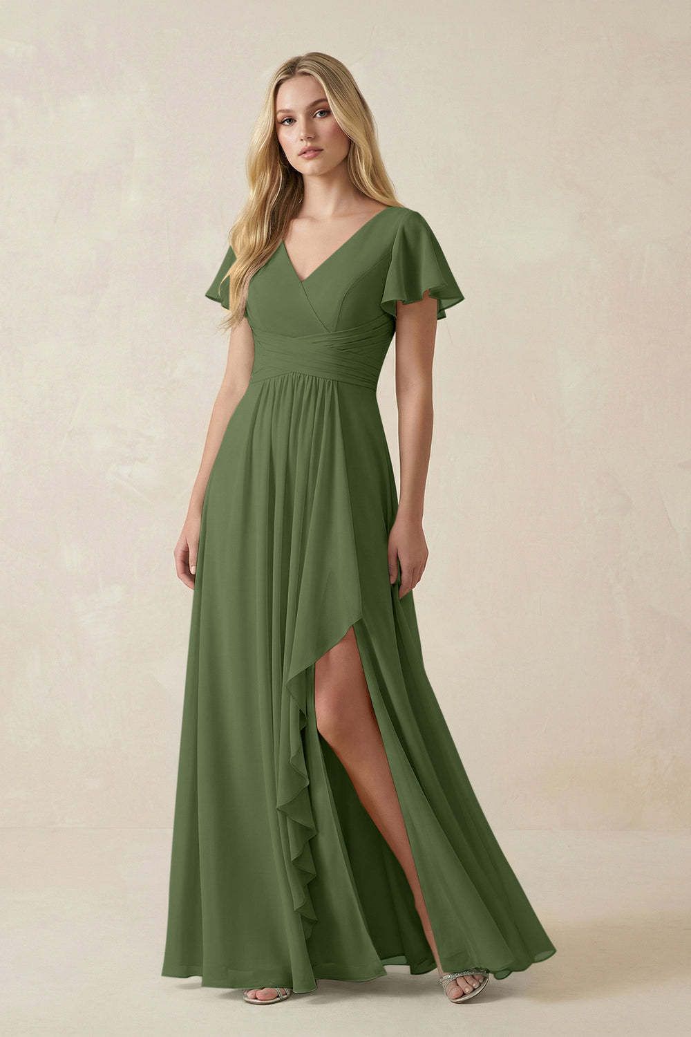 V-Neck Flutter Sleeve A-Line Chiffon Bridesmaid Dress in Moss