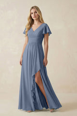 V - Neck Flutter Sleeve A - Line Chiffon Bridesmaid Dress in Neptune - KISS BRIDAL Bridesmaid Dresses