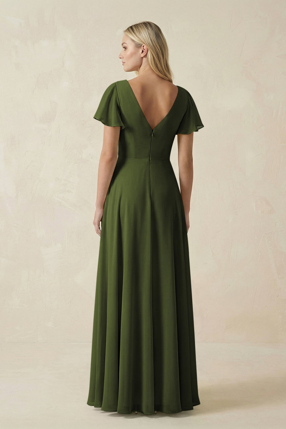 V - Neck Flutter Sleeve A - Line Chiffon Bridesmaid Dress in Olive - SHE IS ME Bridesmaid Dresses