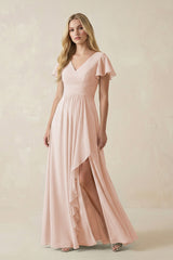 V - Neck Flutter Sleeve A - Line Chiffon Bridesmaid Dress in Pale Blush - KISS BRIDAL Bridesmaid Dresses