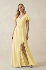 V - Neck Flutter Sleeve A - Line Chiffon Bridesmaid Dress in Pastel Yellow - KISS BRIDAL Bridesmaid Dresses