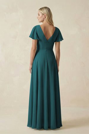 V - Neck Flutter Sleeve A - Line Chiffon Bridesmaid Dress in Pine - SHE IS ME Bridesmaid Dresses