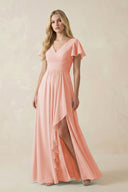 V - Neck Flutter Sleeve A - Line Chiffon Bridesmaid Dress in Rose Petal - SHE IS ME Bridesmaid Dresses