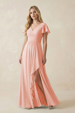 V - Neck Flutter Sleeve A - Line Chiffon Bridesmaid Dress in Rose Petal - SHE IS ME Bridesmaid Dresses