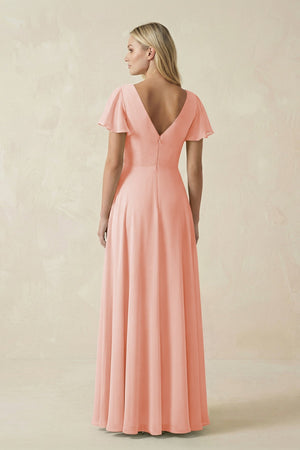 V - Neck Flutter Sleeve A - Line Chiffon Bridesmaid Dress in Rose Petal - SHE IS ME Bridesmaid Dresses
