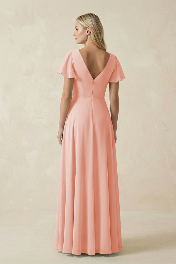 V - Neck Flutter Sleeve A - Line Chiffon Bridesmaid Dress in Rose Petal - SHE IS ME Bridesmaid Dresses