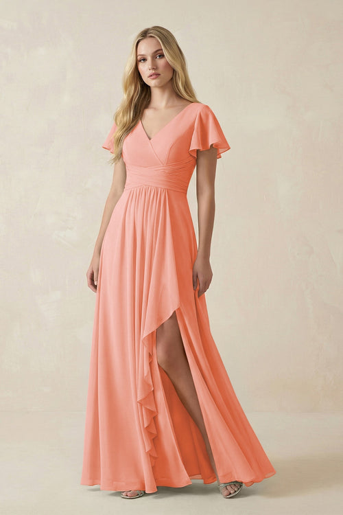 V - Neck Flutter Sleeve A - Line Chiffon Bridesmaid Dress in Rosette - SHE IS ME Bridesmaid Dresses