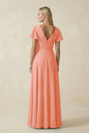 V - Neck Flutter Sleeve A - Line Chiffon Bridesmaid Dress in Rosette - SHE IS ME Bridesmaid Dresses