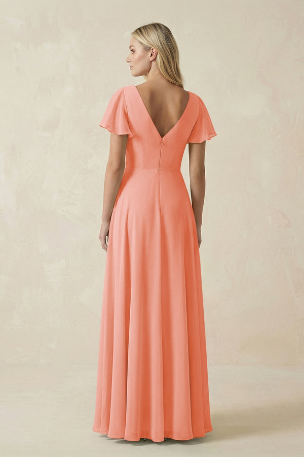 V - Neck Flutter Sleeve A - Line Chiffon Bridesmaid Dress in Rosette - SHE IS ME Bridesmaid Dresses