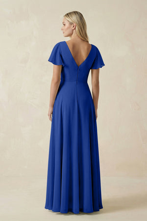 V - Neck Flutter Sleeve A - Line Chiffon Bridesmaid Dress in Royal Blue - SHE IS ME Bridesmaid Dresses