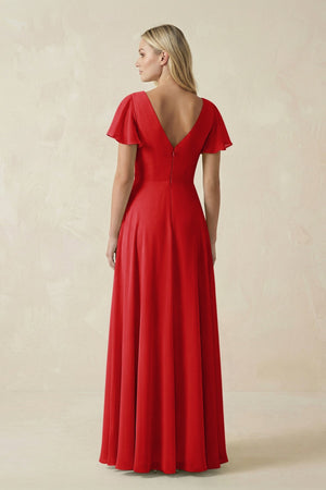 V - Neck Flutter Sleeve A - Line Chiffon Bridesmaid Dress in Ruby Red - SHE IS ME Bridesmaid Dresses